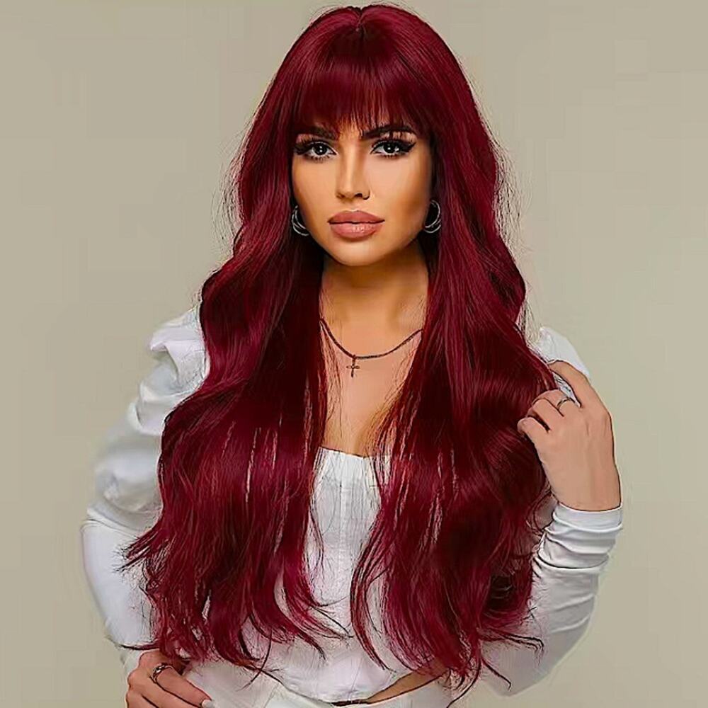 Dark Red Gradient Wig, Long Layer, Bangs 28 Inches, Wavy, Party, Vacation